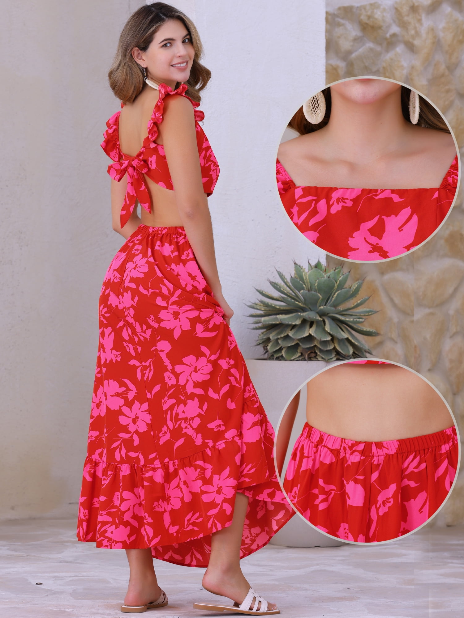 DARING DIVA Floral Print 2 Pieces Set  Summer Tank Top Maxi Skirt M Red