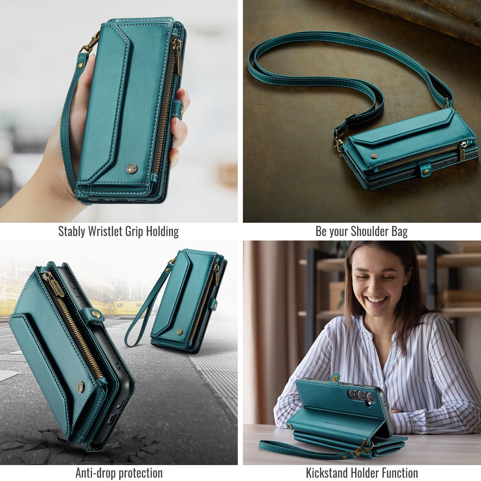 for Samsung Galaxy S24 Full Body Protection Wallet Folio Flip Case, Shoulder Strap & Wristlet Card Slots Zipper Pocket RFID Blocking Rugged Durable PU Leather Phone Case Cover, Green