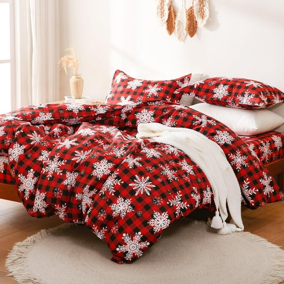 Juego de funda de edredón JSD Queen, 228 x 228 cm, diseño de copos de nieve a cuadros rojos