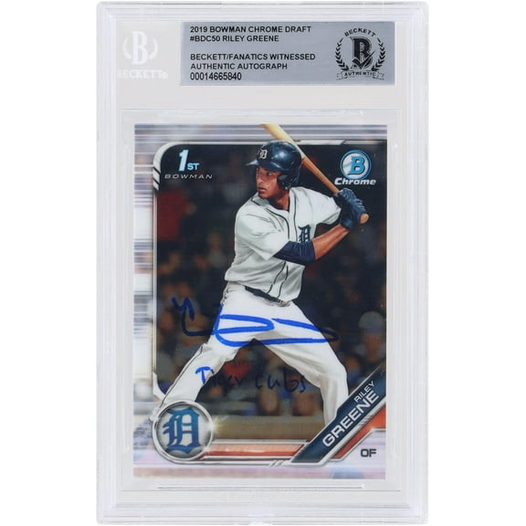 Riley Greene Detroit Tigers Autographed 2019 Bowman Draft Chrome MLB 1st Bowman #BDC-50 Beckett Fanatics Witnessed Authenticated Card with "Tiger Cubs" Inscription - Fanatics Authentic Certified