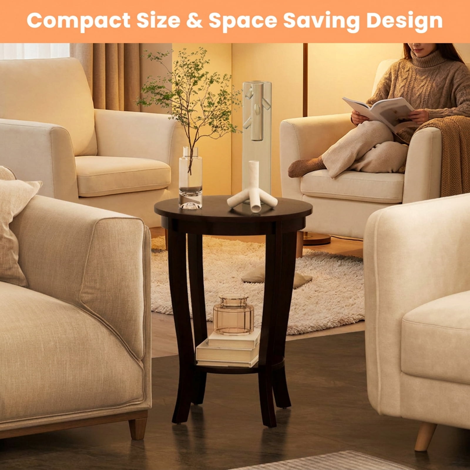Furnibear 2-tier Round End Table with Solid Wood Legs for Living Room Bedroom Sofa Side Nightstand Small Spaces, Espresso