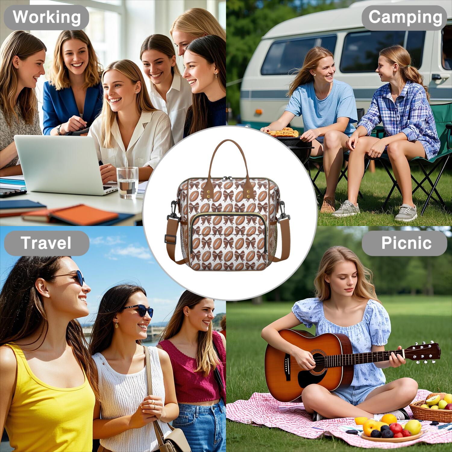 Brown Footballs and Bows Pattern Womens Lunch Box for Work,Insulated Large Lunch Bag for Tween and Teen,Loncheras Para Mujer,Leakproof Adult Lunch Bag for Work,Beach,Travel,Picnic,Camping