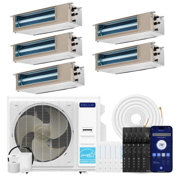 DELLA 41K BTU 5 Zone (9500 9500 9500 9500 9500 BTU) Concealed Ducted Mini Split AC, 20 SEER2, Energy Star, 230V Inverter Heat Pump System, Pre-Charged, Work with Alexa and Wifi, 25ft Kit & Thermostat