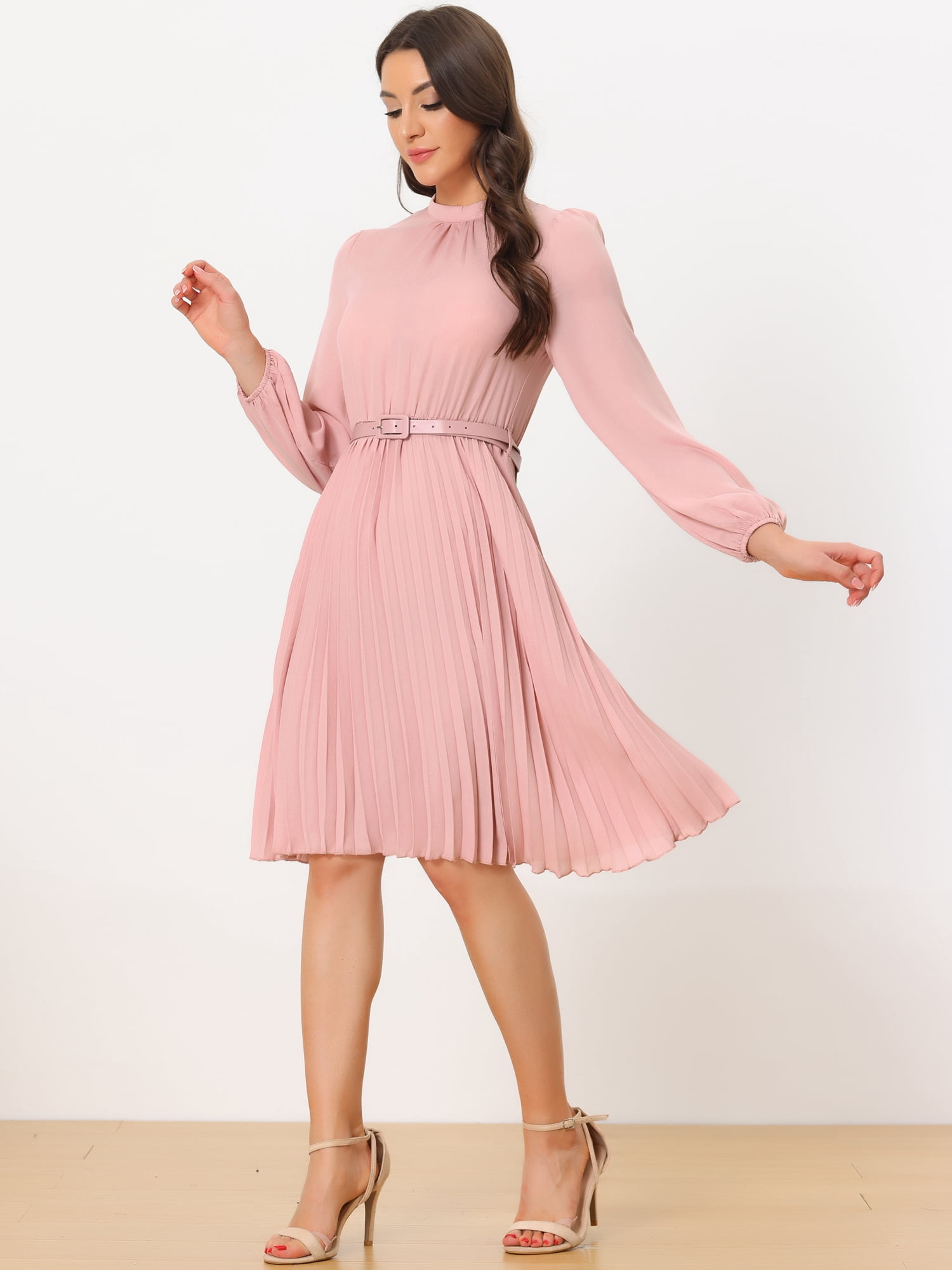 DARING DIVA Work Shirt Long Sleeve Pleated Midi Dress L Light Pink