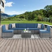 Walsunny 7 Piece Outdoor Silver Rattan Wicker Sectional Sofa with Aegean Blue