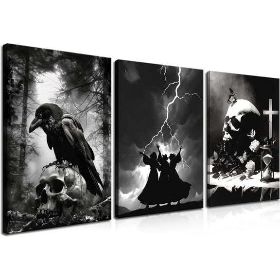 Framed Dark Gothic Canvas Wall Art Set of 3, Creepy Witchy Halloween Wall Decor Paintings, Crow and Skull Goth Aesthetic Posters Prints for Living Room Bedroom Bathroom Home Decor 12x16In