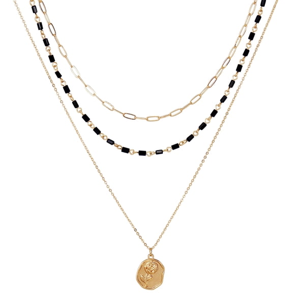 Bocar 3 Layered Choker Necklaces with Rose Pendant Gold Plated Paperclip Chain 3 Strand Costume Jewelry for Women Gift（NK_10687_Black）