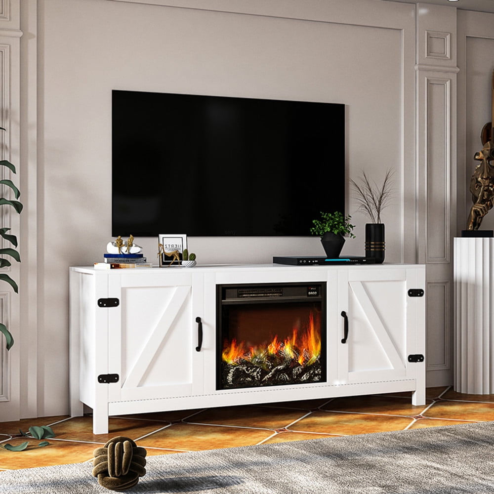 Electric Fireplace TV Stand for TVs Up to 65 Inch, Farmhouse TV Console  Table with Barn Doors Entertainment Center with 2 Open Shelves and 2  Cabinets Wooden TV Stand for Living Room