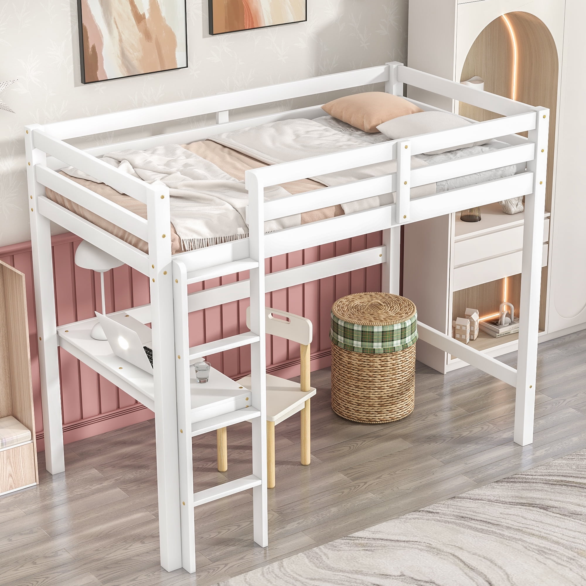 Aukfa Kids Twin Loft Bed Wood Frame with Desk Pine and Heavy Duty White