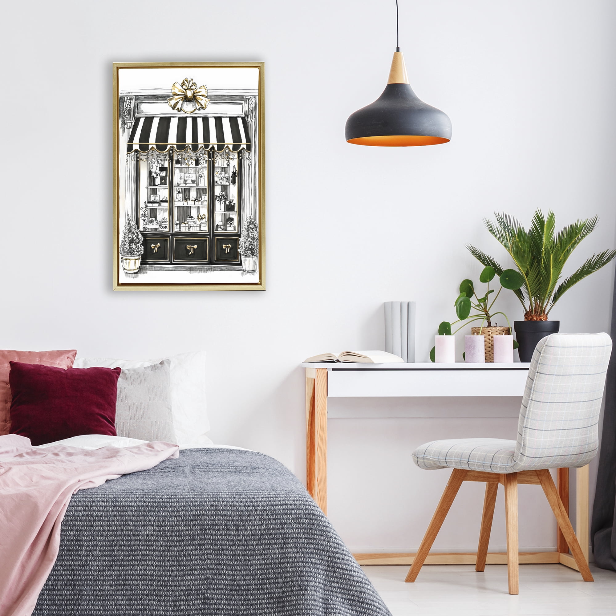 Stupell Industries Striped Paris Shop Facade Gold Framed Floater Canvas Wall Art, design by Petal Prints Design