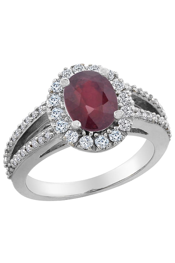 10K White Gold Natural HQ Ruby Halo Ring Oval 8x6 mm with Diamond Accents, size 5.5