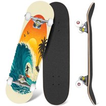 31'' Complete Skateboard 7 Layer Canadian Maple Double Kick Deck Skateboards surfer big wave retro poster california vintage Skate Board for Beginner Adult Gifts