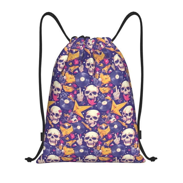 Saiise rock Skull record Pattern Sports Drawstring Backpack - String Swim Gym Bag with Wet Proof Pocket for Women&Men-Small