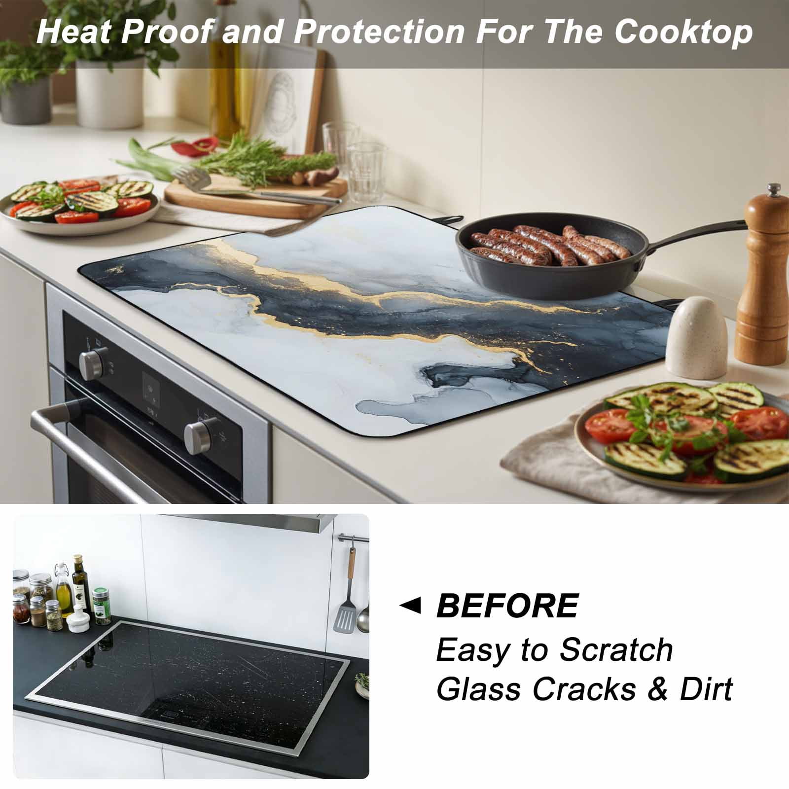 Black Marble Stove Top Cover for Electric Stove, Heat-proof & Non Slip Glass Top Stove Cover Protector, Modern Abstract Art Ink Painted Kitchen Flat Cooktop Rubber Mat 24x21 Inches