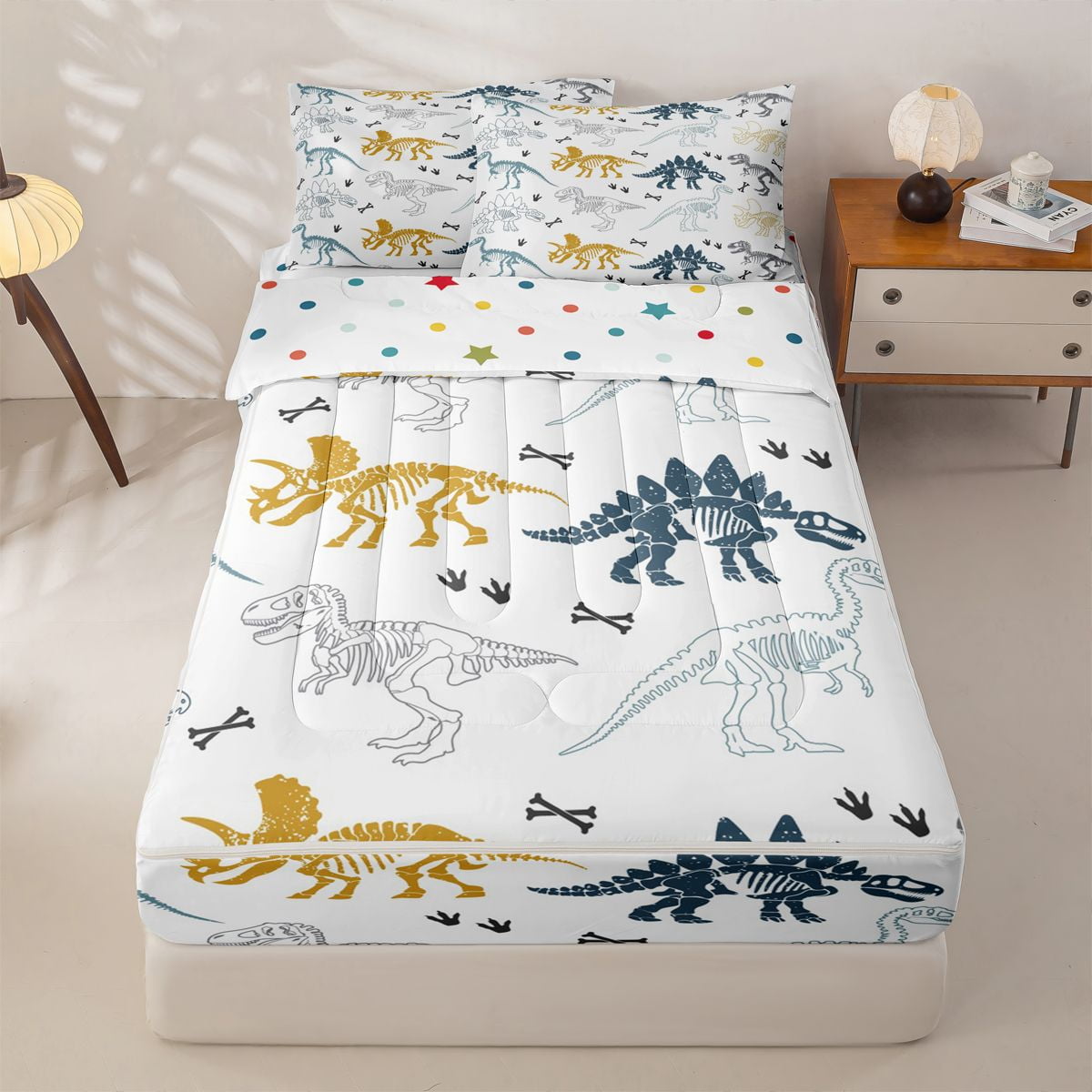 Homewish Colorful Dino Zipper Full Size Comforter Sets with Fitted Sheet and 2 Pillowcases for Kids Dinosaur Print Zipper Bedding Set White Polka Dots Reversible 4pcs