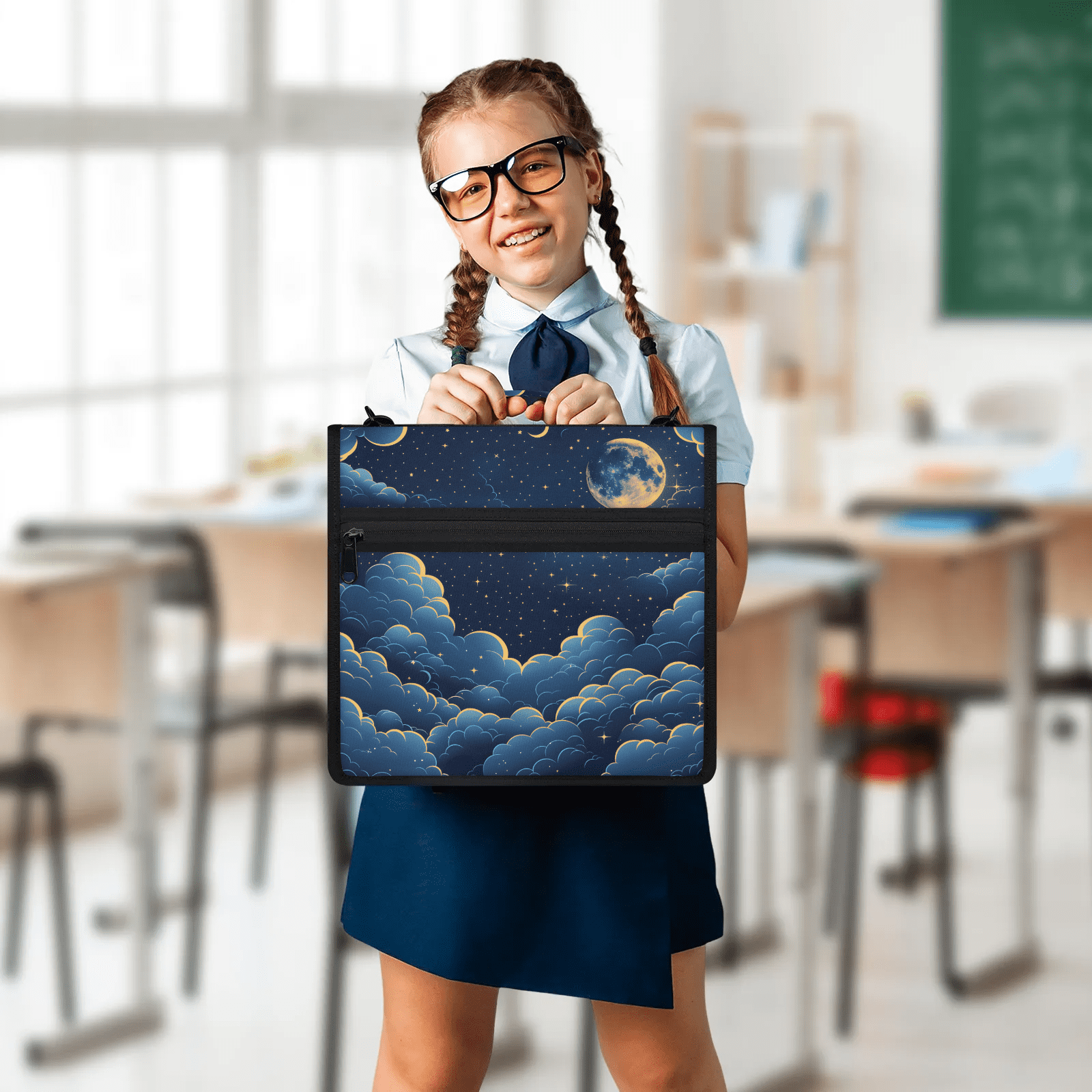 Herdesigns Space Galaxy Zipper Binder 1.5 Inch 3 D-Rings with Shoulder Strap & Handle, Waterproof Moon Star Binder Organizer Bag for 13 Inch Laptop
