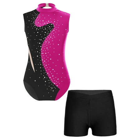Doomiva Kids Girls Sparkly Sleeveless Gymnastics Dance Leotard Bodysuit Unitard with Tumbling Athletic Shorts Set Hot Pink&Black 8