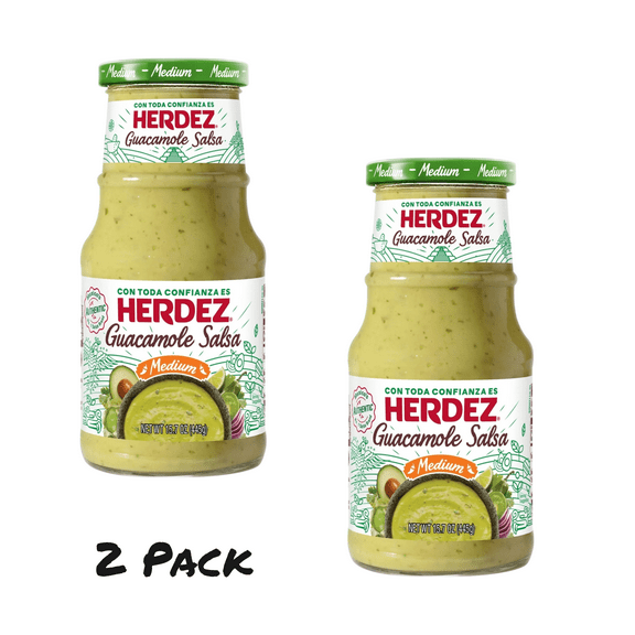 ( 2 Pack ) HERDEZ Guacamole Salsa Medium, Tortilla Chip Dip, Shelf Stable, 15.7 oz Glass Jar