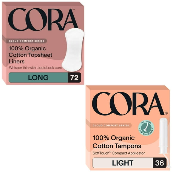Cora Organic Feminine Care | 72 Long No Wings Liners and 36 Light Applicator Tampon Multipack | Ultra-Absorbent, Unscented, Natural, Non-Toxic | Bundle Pack