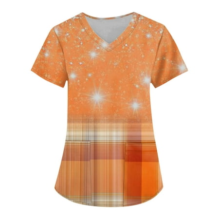 

Don t Miss Out! Gomind Scrubs Top for Women Christmas Printed Women s Fashion V-neck Short Sleeve with Pockets Christmas Printed Tops Orange 2XL