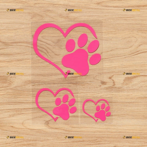 I Love My Dog Paw Print Track Heart Decal Vinyl Sticker - 3 Pack Hot Pink, 2 Inches, 3 Inches, 5 Inches - for Car Boat Laptop Cup Phone