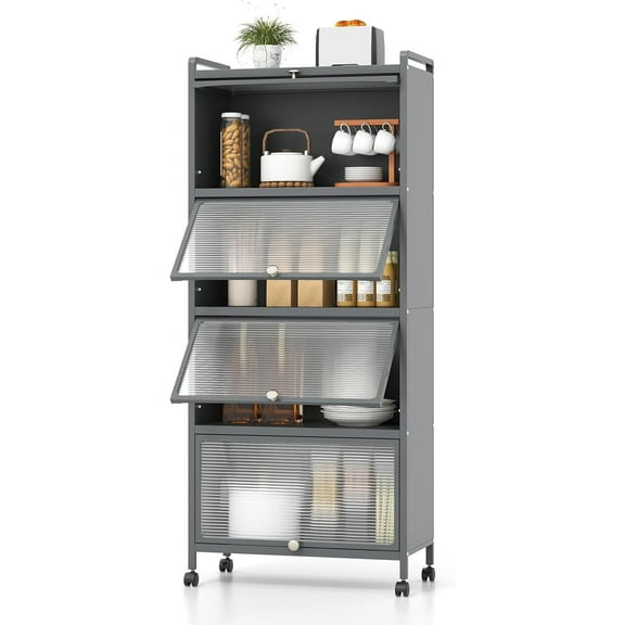 5-Tier Kitchen Storage Cabinet, Mobile Microwave Stand with Metal Frame, 4 Lockable Casters & Flip-up PC Doors, Freestanding Bakers Rack for Kitchen, Dining Room, Living Room (Grey)