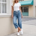 thumbnail image 4 of Jean Capri Pants for Women Summer Casual Cropped Pants Elastic Waist Side Pockets Denim Capri Pants, 4 of 6