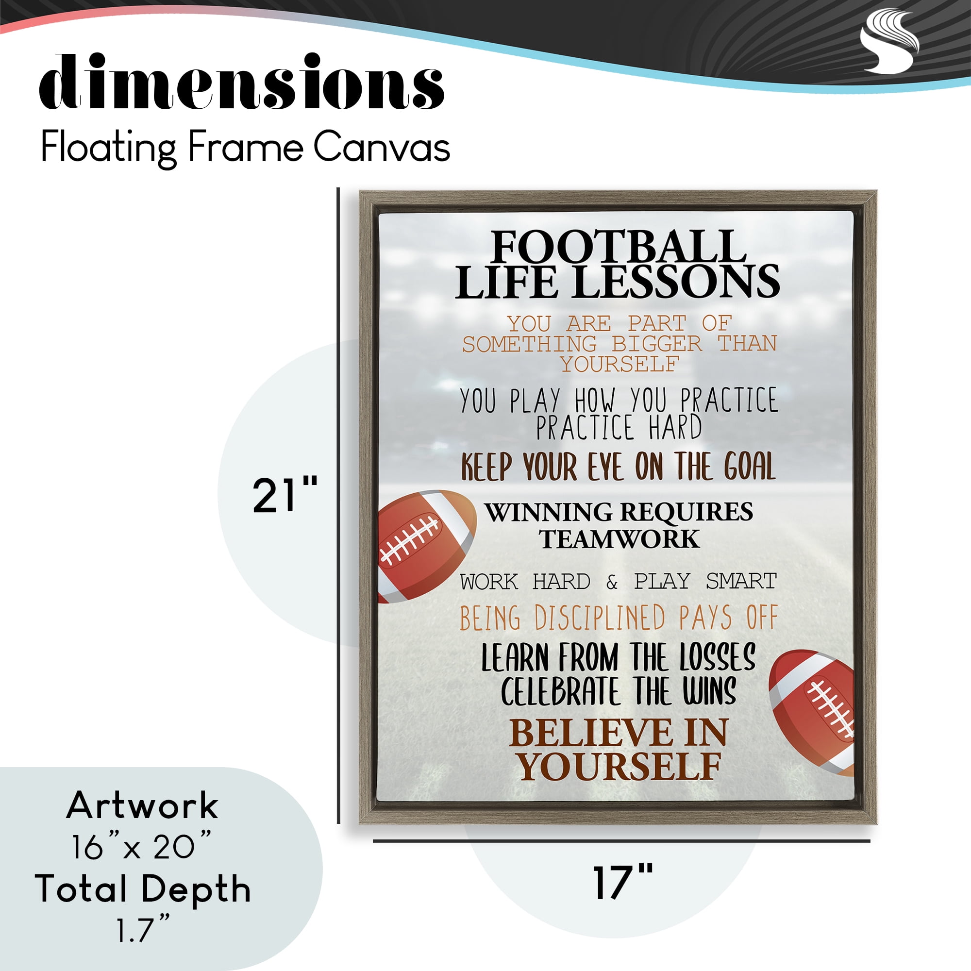 Football Life Lessons Brown Framed Floater Canvas Wall Art, design by Kim Allen