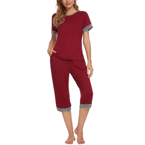 Conjunto de pijama para mujer INSPIRE CHIC, con cuello redondo, camiseta de manga corta y pantalones capri, ropa de descanso casual para dormir, talla XL, rojo