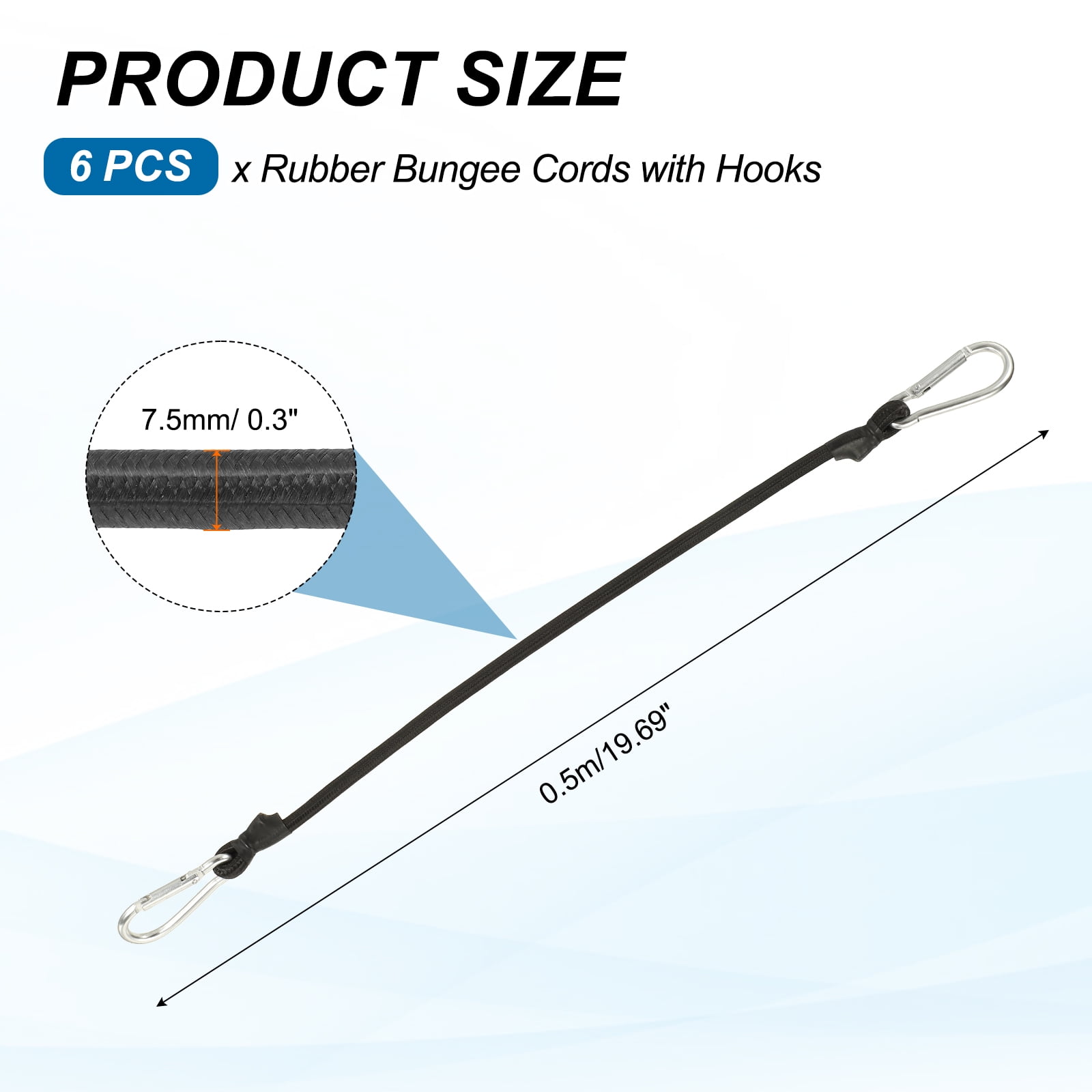 6Pack Bungee Cords with Hooks, 19.7" Heavy Duty Rubber Bungee Straps Outdoor Elastic Ropes for Securing Bike Tarps Luggage Tents, Black