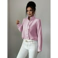 thumbnail image 3 of Women'S Button Down Shirt Stand Collar Ruffle Top Striped Long Sleeve Shirts Work Tops for Women Trendy Pink L, 3 of 5