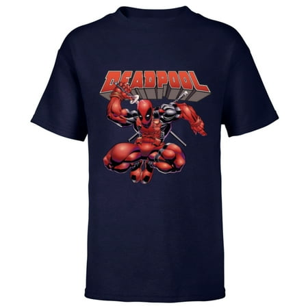 Marvel Deadpool Drawing Sword Action Pose Comic Cover Art – Short Sleeve T-Shirt for Kids – Customized-Navy