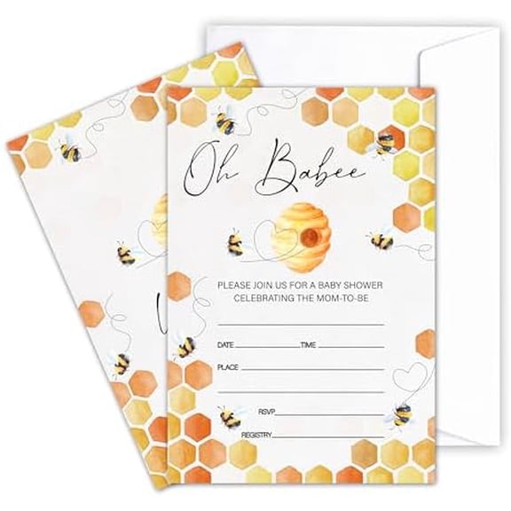 Oh Babee Baby Shower Invitations, Gender Reveal Invites Invitation, Honey Bee Themed Party Decorations, 25 Invitation Cards With 25 Envelopes, 06