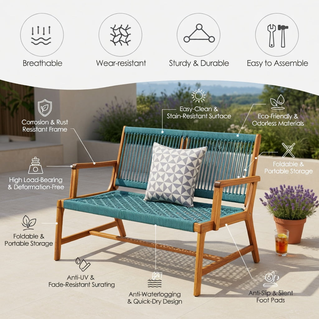 Hommoo 2-Person Acacia Wood Outdoor Bench with Rope Weave Seat, Patio Bench for Backyard, Balcony & Poolside, Turquoise