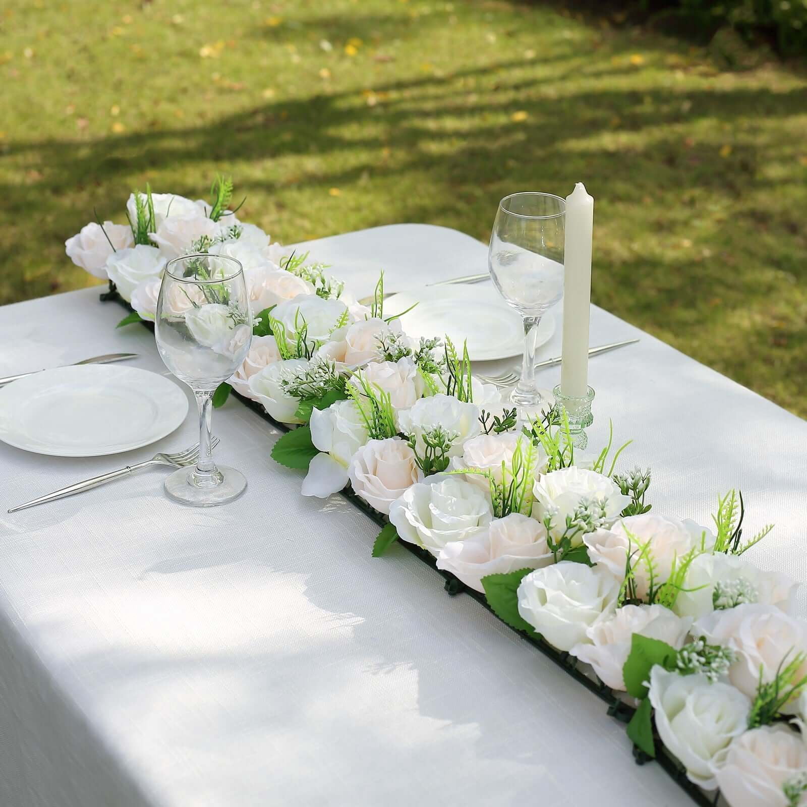 Efavormart 6 Pack Cream Ivory Silk Rose Flower Panel Table Runner, Artificial Floral Arrangements Dining Table Decor - 20"x8"