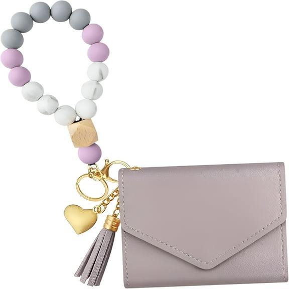 DESIGNICE Elastic Silicone Beads Wristlet Keyring with Card Pocket Beaded Keychain Bracelet Wristlet Wallet