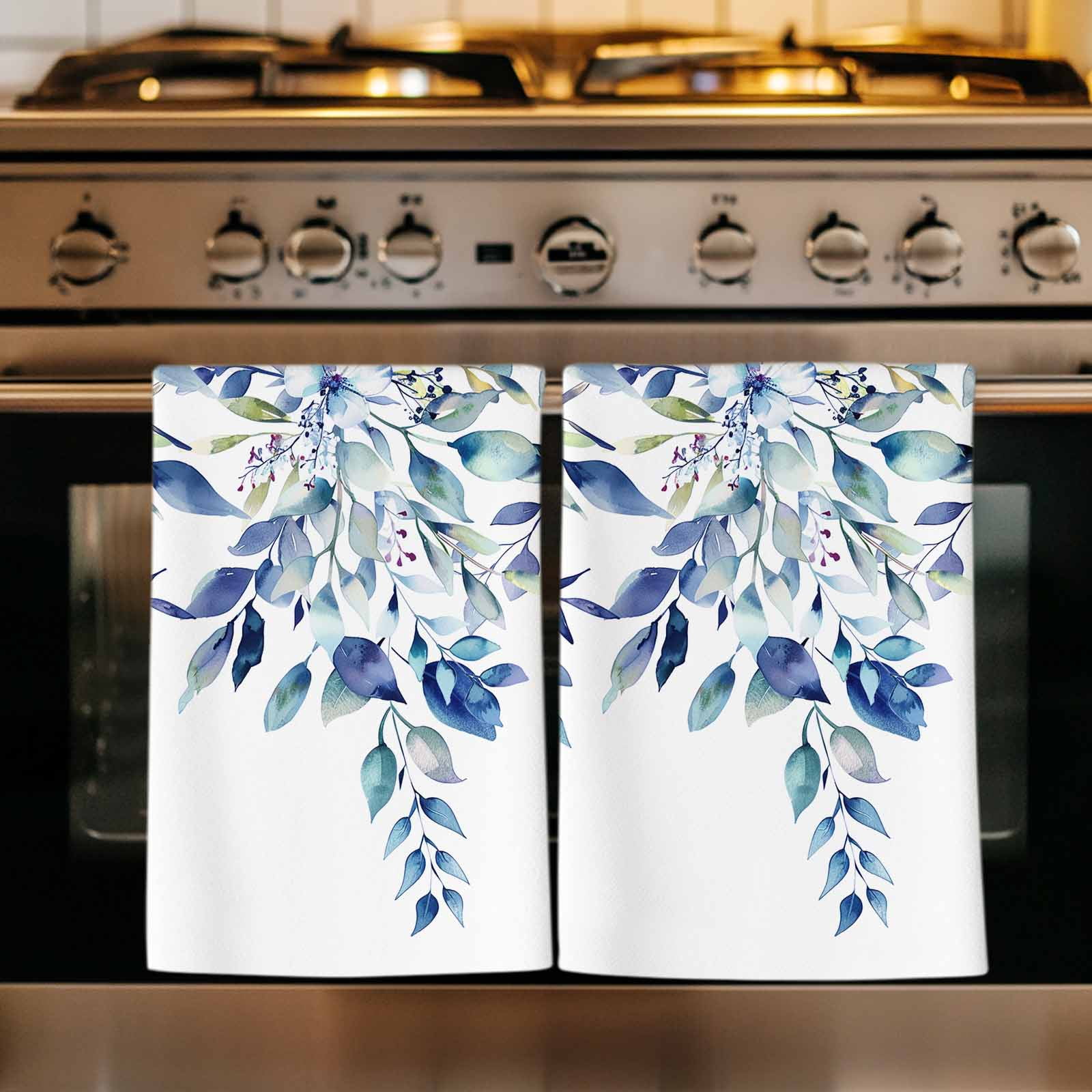 Blue Teal Eucalyptus Leaves Kitchen Towels Set of 2, Watercolor Weeping Botanical Soft Microfiber Dish Towels, Absorbent Washable Dishcloths for Kitchen Cleaning, Drying Dishes, 18x28 Inches