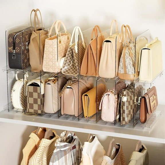 Bag & Purse Organizer for Closet Stackable Acrylic Shelf Dividers for Closet Organization, Clear Handbag Purse Storage Organizer Divider, Keep Clutch, Wallet, Pocketbook Upright, 4 Pack