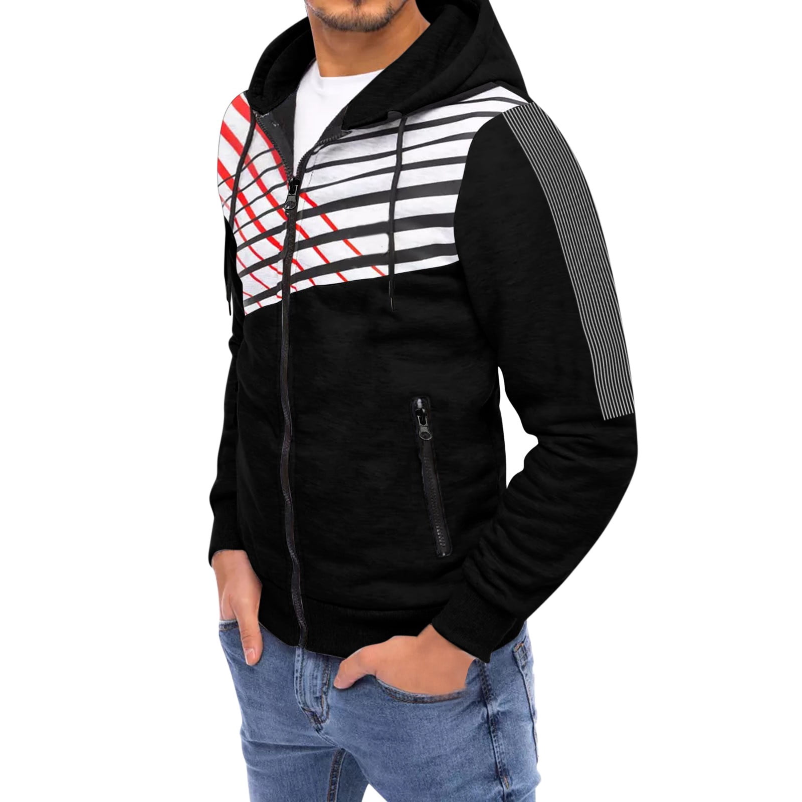 labakihah hoodies for men men's stitching striped sports zipper sweatshirt  hooded sweater jacket black - Walmart.com