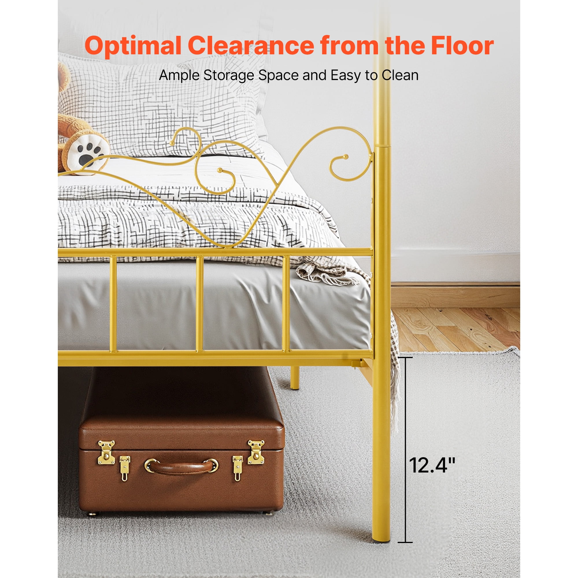 KFFKFF Queen Size Canopy Bed Frame, No Box Spring Requi, Durable Steel Bed Frame with Minimalist Headboard, Ample Underbed Storage, Easy to Assemble