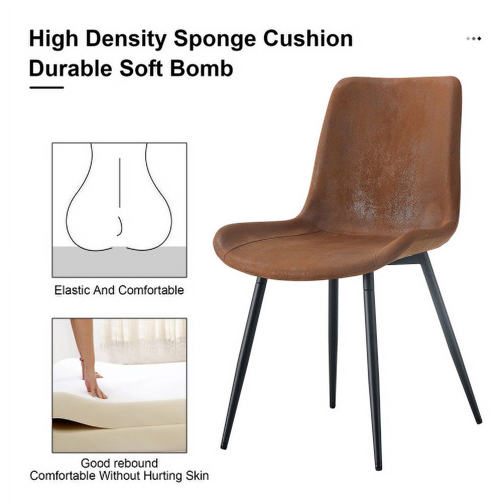 Set of 6 Brown Suede Dining Chairs with Black Metal Legs, Curved Wide Cushion, Modern Upholstered Comfortable Kitchen & Dining Room Chairs