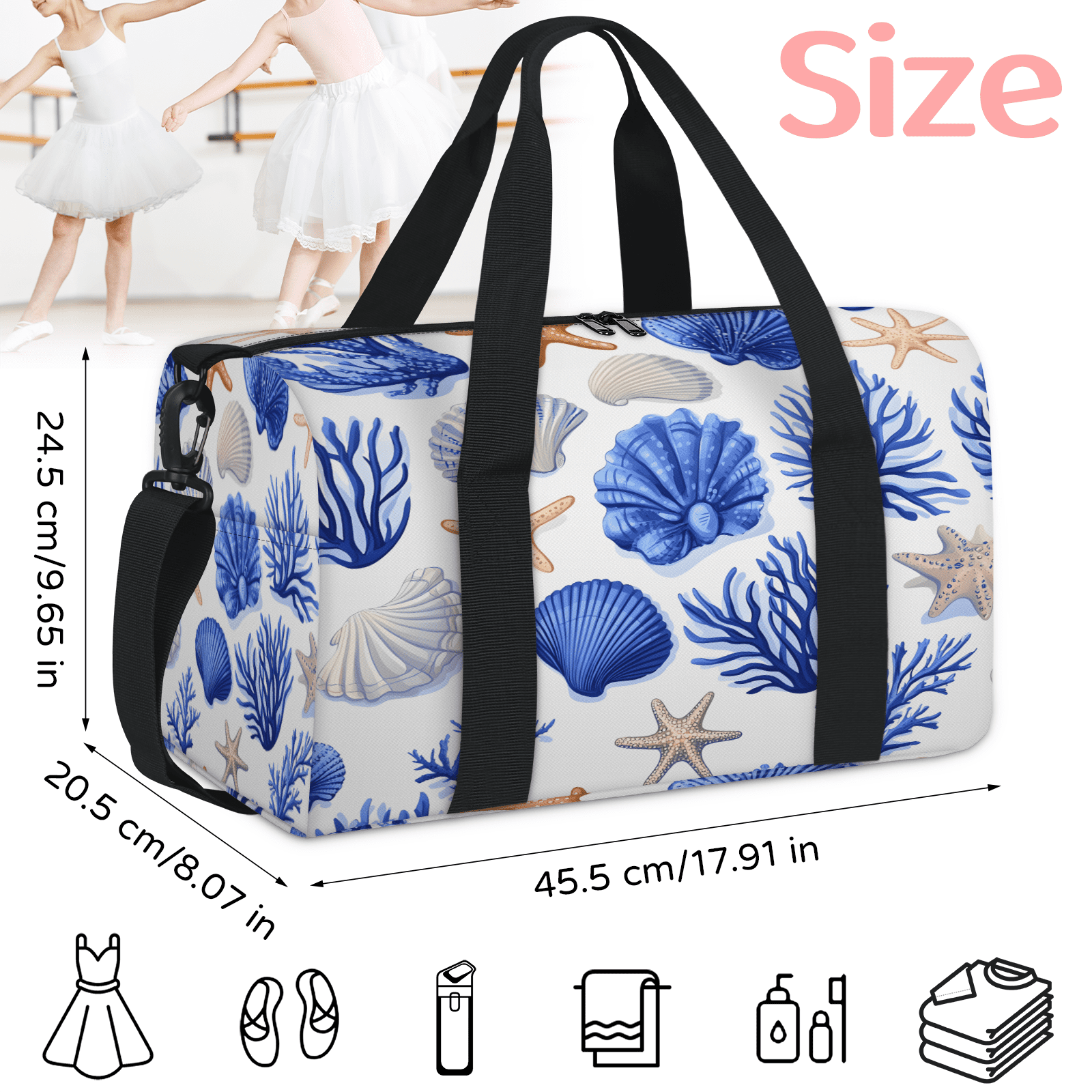 Herdesigns Starfish and Seashells Travel Duffle Bag Sports Yoga Weekender Overnight Carry on Workout Bags Lightweight Waterproof Gym Tote Bag for Women Nautical Coastal