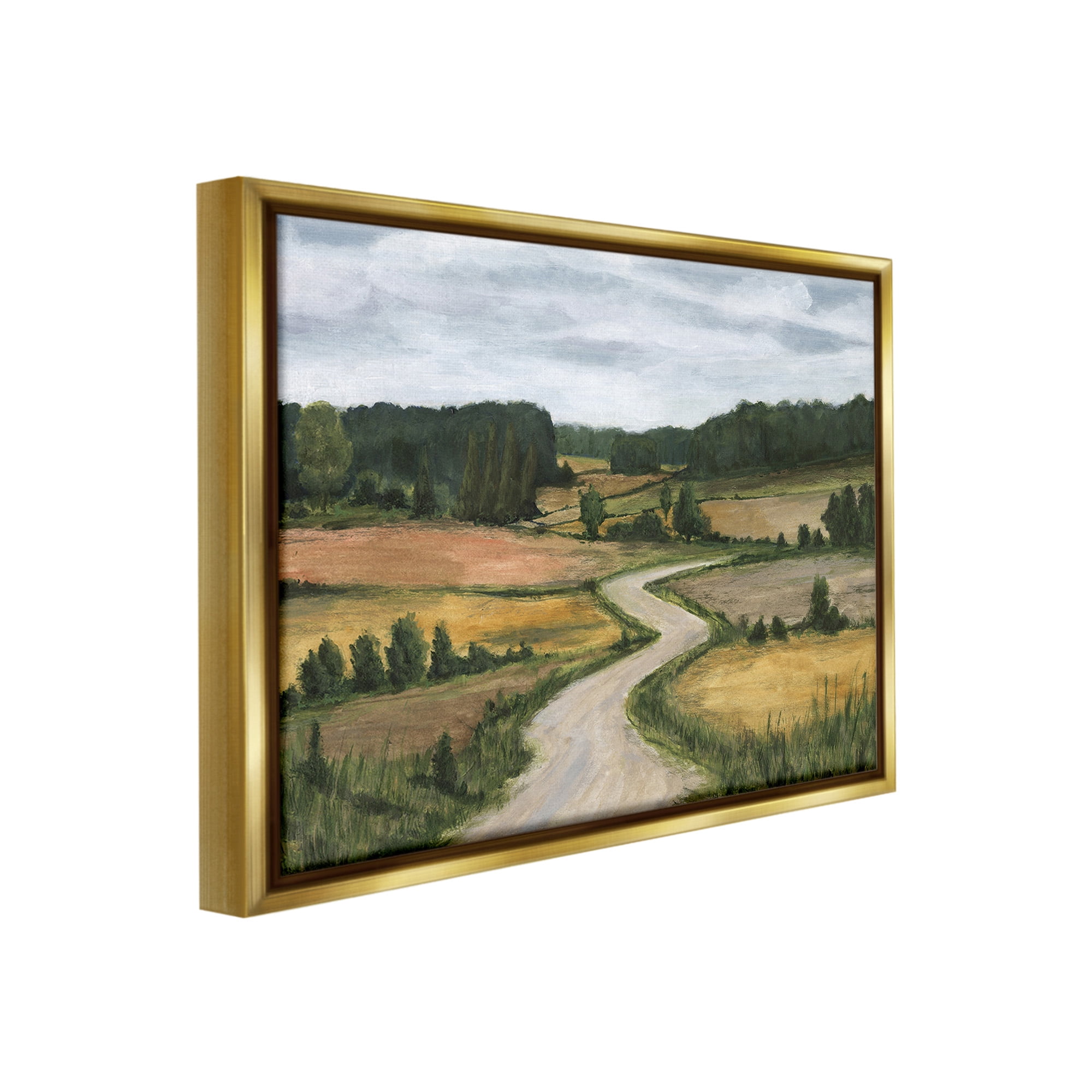 Stupell Industries Waning Rural Rode Landscape Painting Gold Floater Framed Canvas Art Print Wall Art, 21 x 17