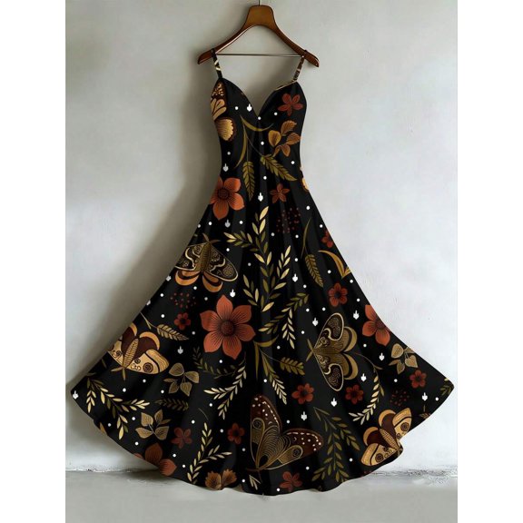 Black Floral And Butterfly Print Slip Dress A-Line Maxi Dress For Women