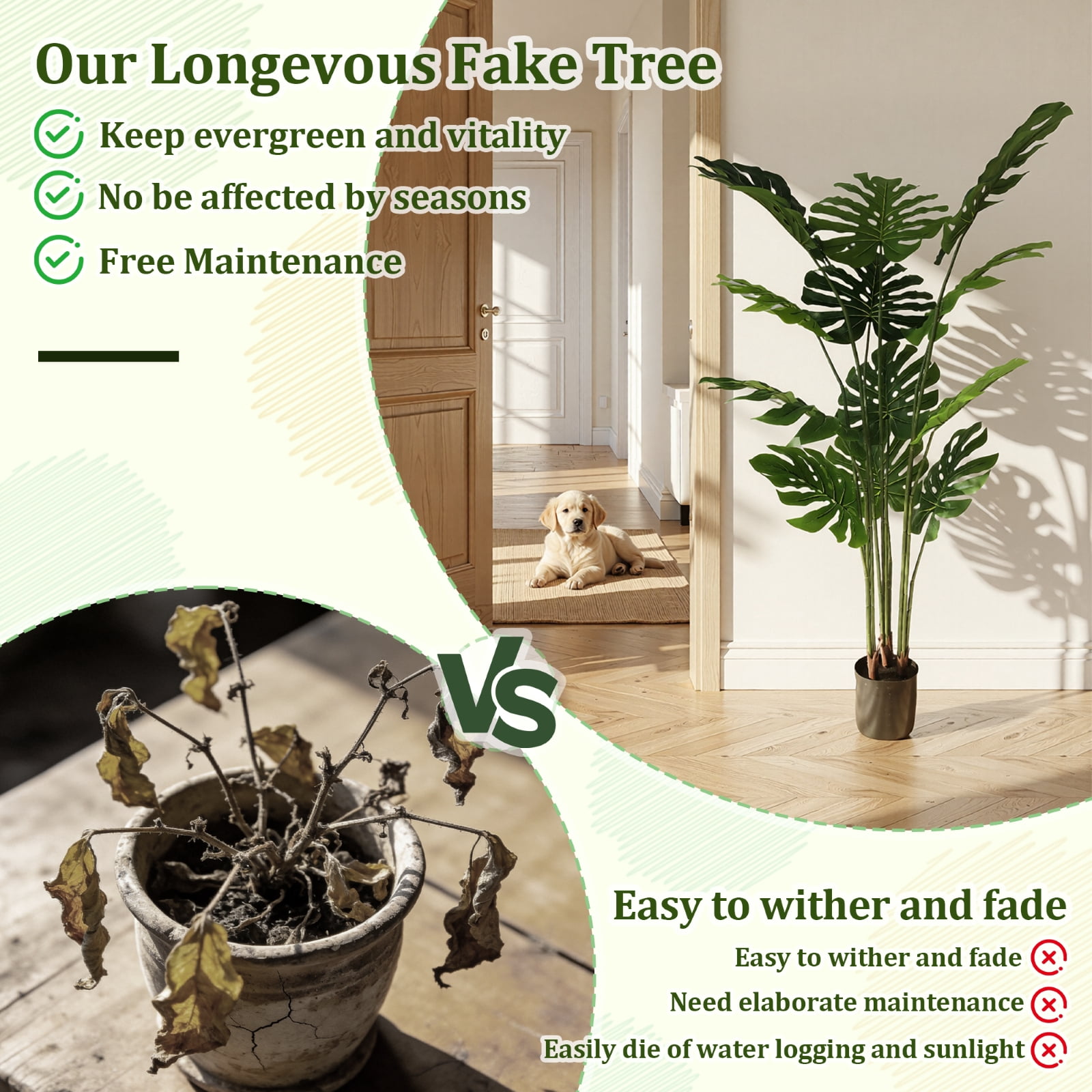 BEAUTYPEAK 4.6FT Artificial Plant Fake Indoor Monstera Plant Decorative Outdoor Greenery in Black Pot