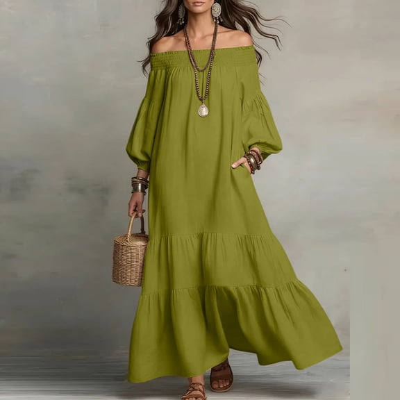 Guieoi Summer Dresses for Women under $10 Plus Size Flowy Off-the-Shoulder Loose Casual Resort-Style Maxi Dress Green XL