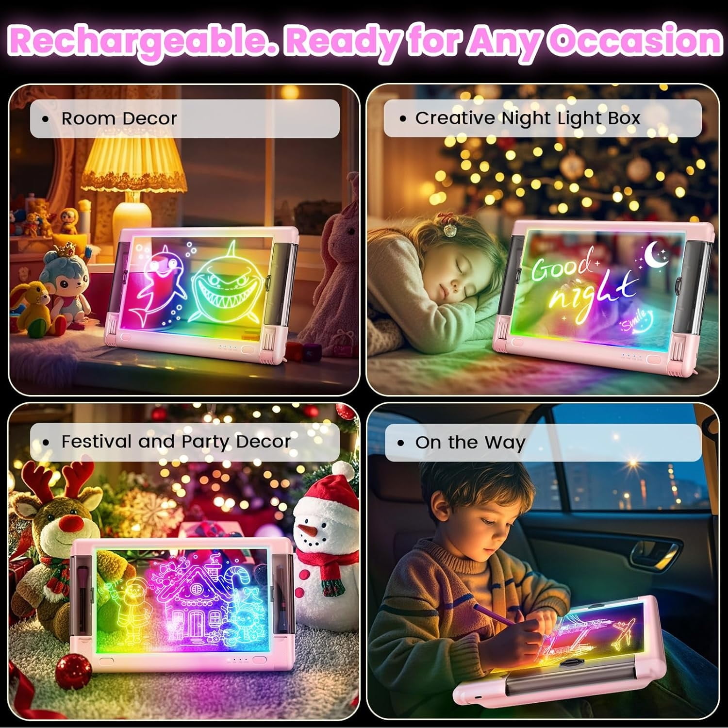 UKEXE 15 Inch Rechargeable LED Drawing Board - 9 Neon Light Modes, Portable Glow Art Tablet with Tracing Sheets, Creative Gift for Kids & Teens (Pink)