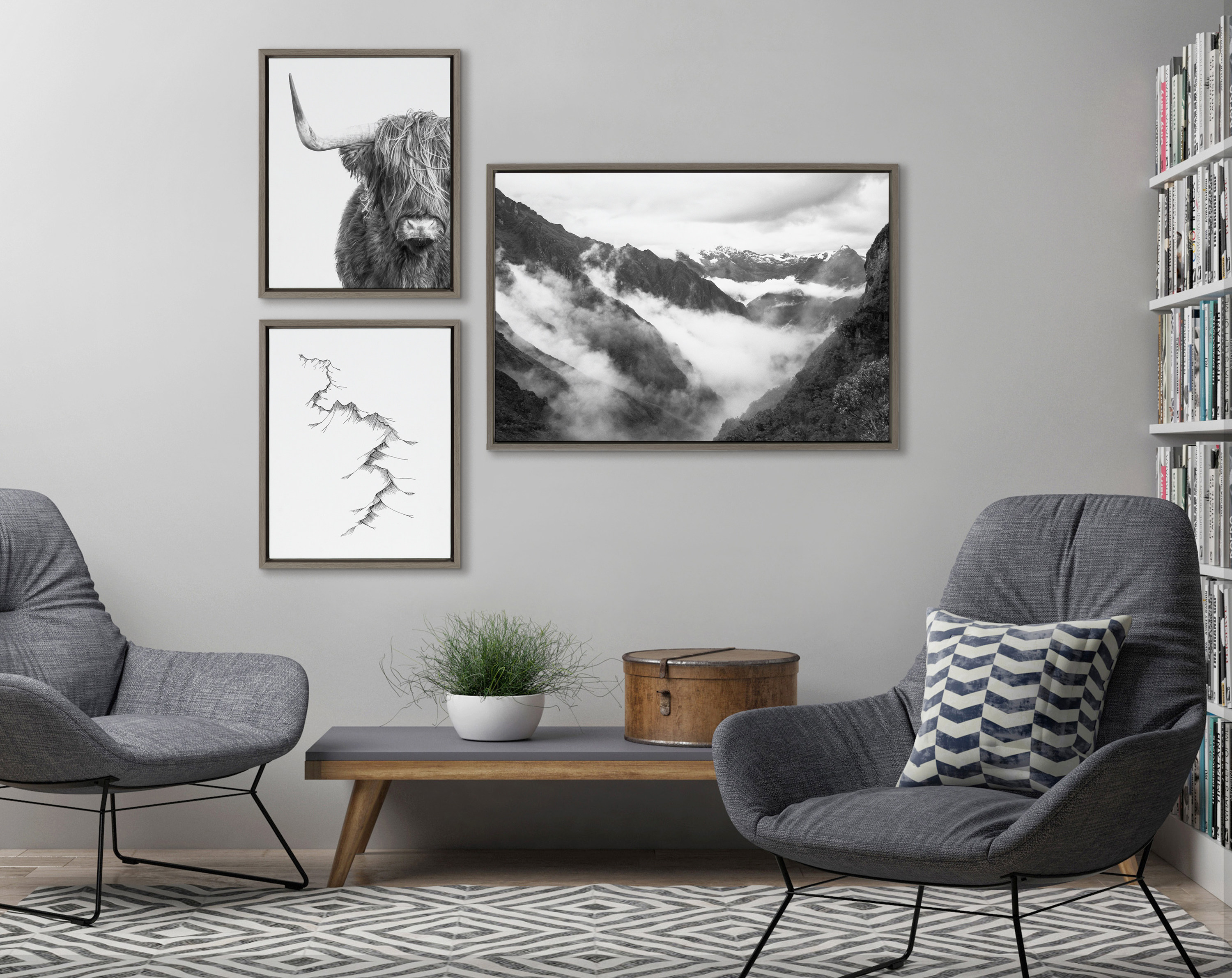 Sylvie Highland Cow, Mountains, and Inca Trail 23 in x 33 in Framed Photography Canvas Art Prints, by Kate and Laurel Set of 3