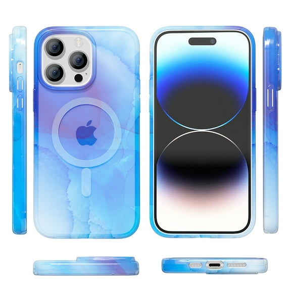 For iPhone 14 PRO 6.1" WaterColor Design [Magnetic Circle] Gradiant Thick Premium Hybrid - Blue