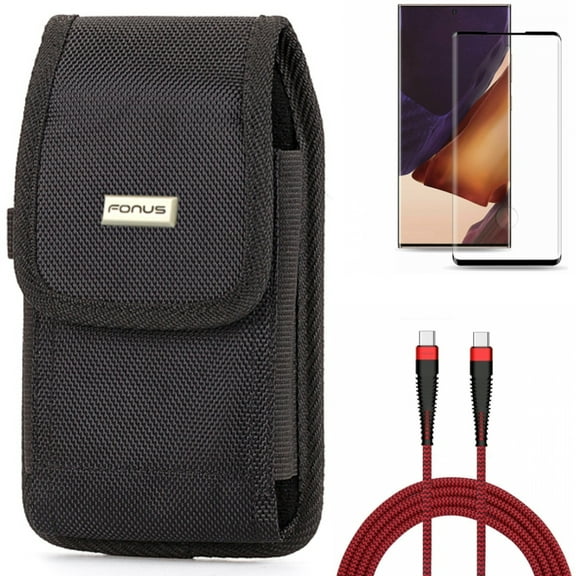 10ft PD Cable & Case Belt Clip & Screen Protector for Samsung Galaxy Note 20 Ultra (6.9") - Combo with Type-C to USB-C Charger Cord & Rugged Holster & Tempered Glass (Fingerprint Unlock)
